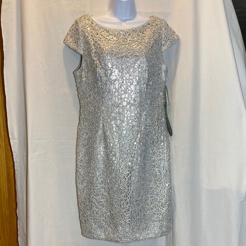 Simply Liliana Shimmering Silver Gray Sequence Lace Sheath Midi - Women-14 NWT